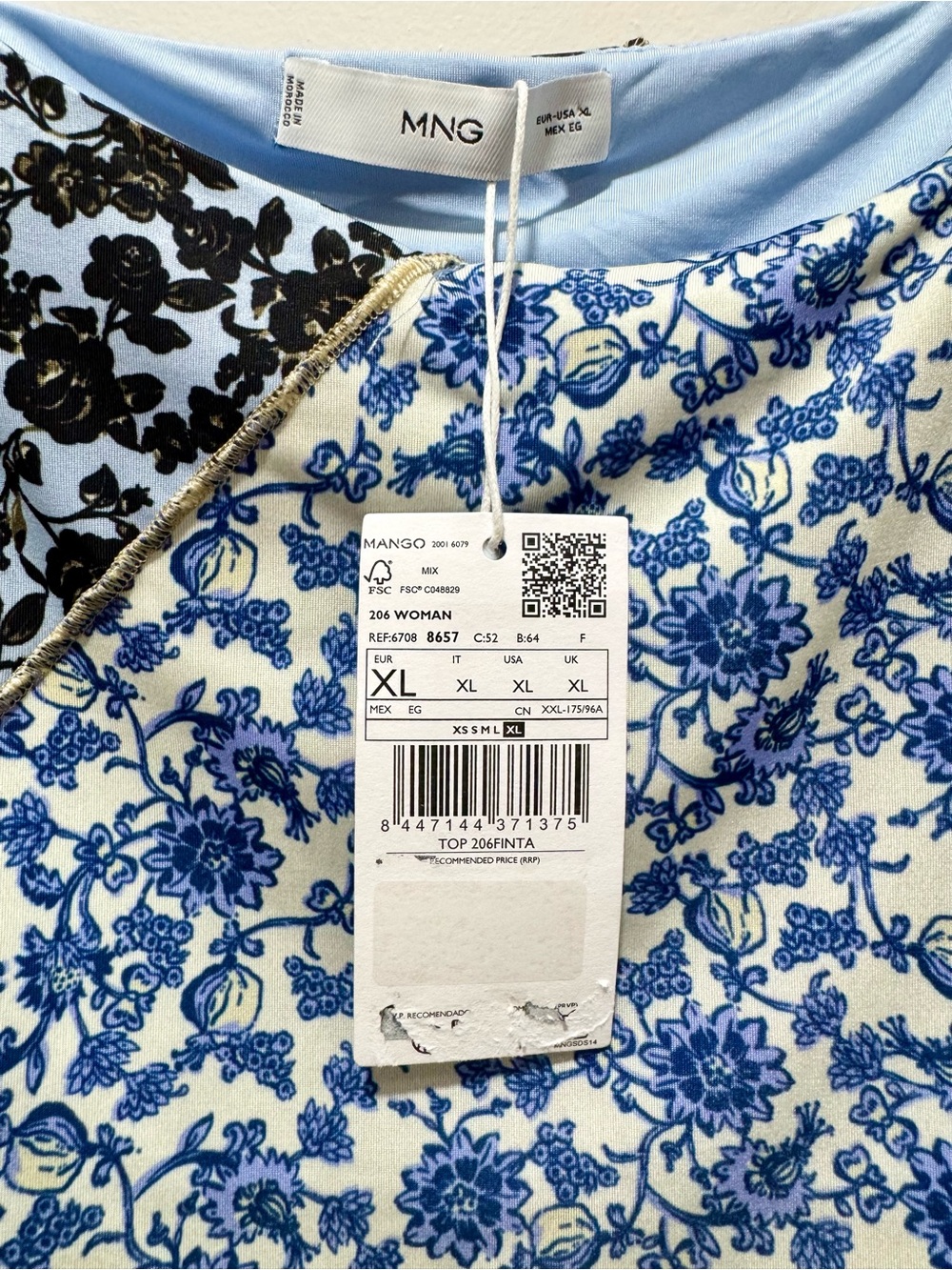 Mango NWT Finta Patchwork Floral Contrast Stitch Cami Tank Top Blue Black Size X - Picture 4 of 9